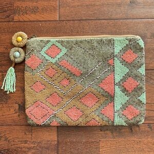 Anthropologie Beaded Geometric Zip Pouch in Coral and Mint